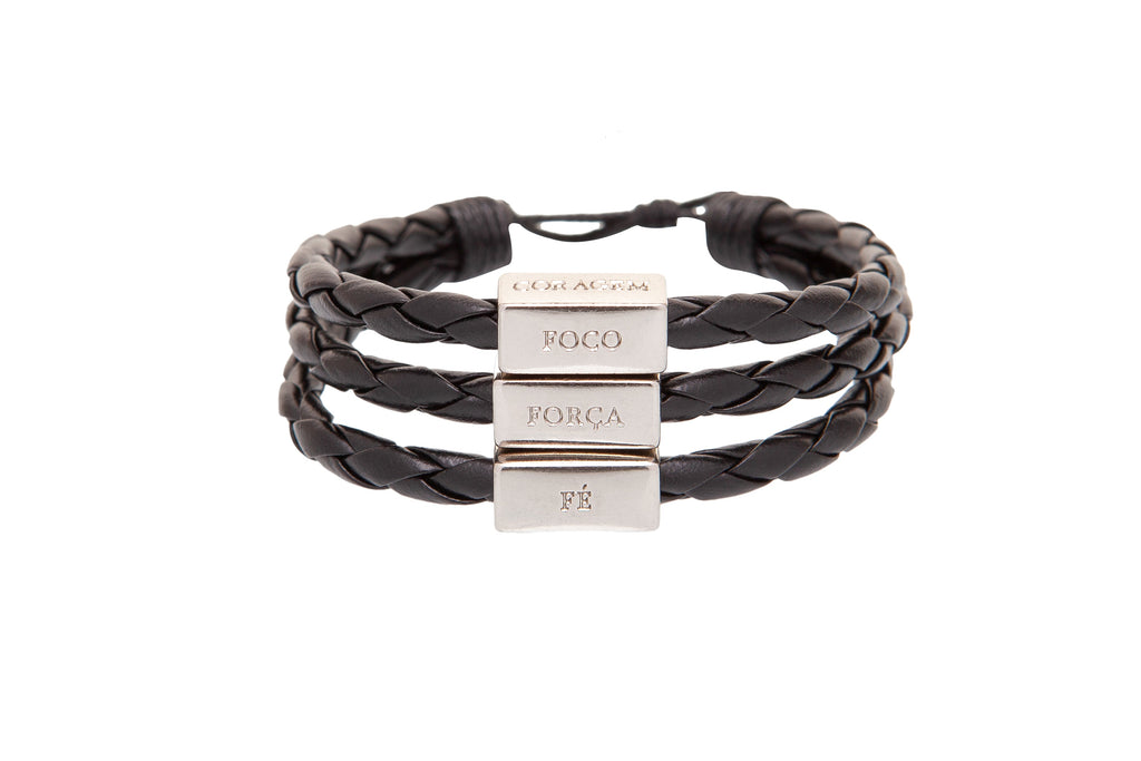 Men's Bracelet Black Leather Silver Adjustable with words of Focus, Strength, Faith, & Courage in Portuguese