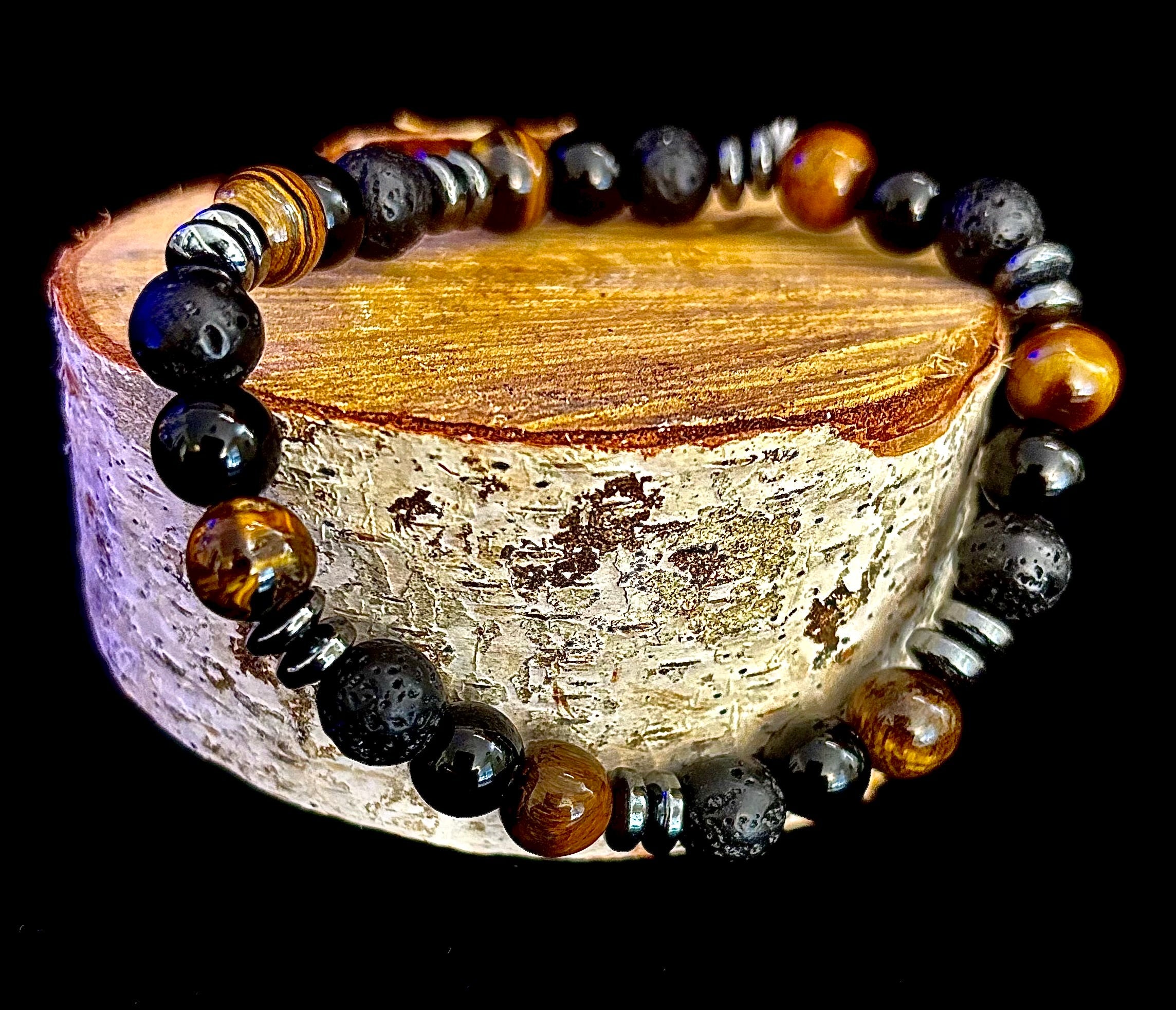 Men's Energy Bracelet – Tiger Eye, Black Onyx & Lava Rock with Black Metal Spacers (Fits Large Wrists)