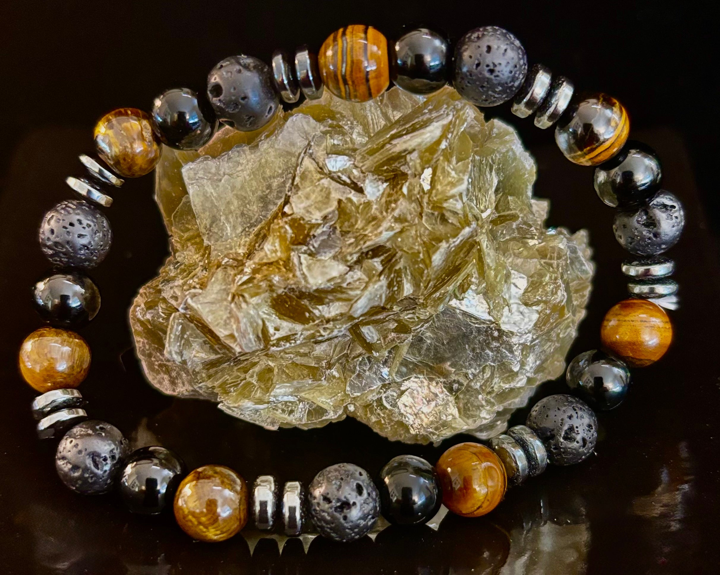 Men's Energy Bracelet – Tiger Eye, Black Onyx & Lava Rock with Black Metal Spacers (Fits Large Wrists)