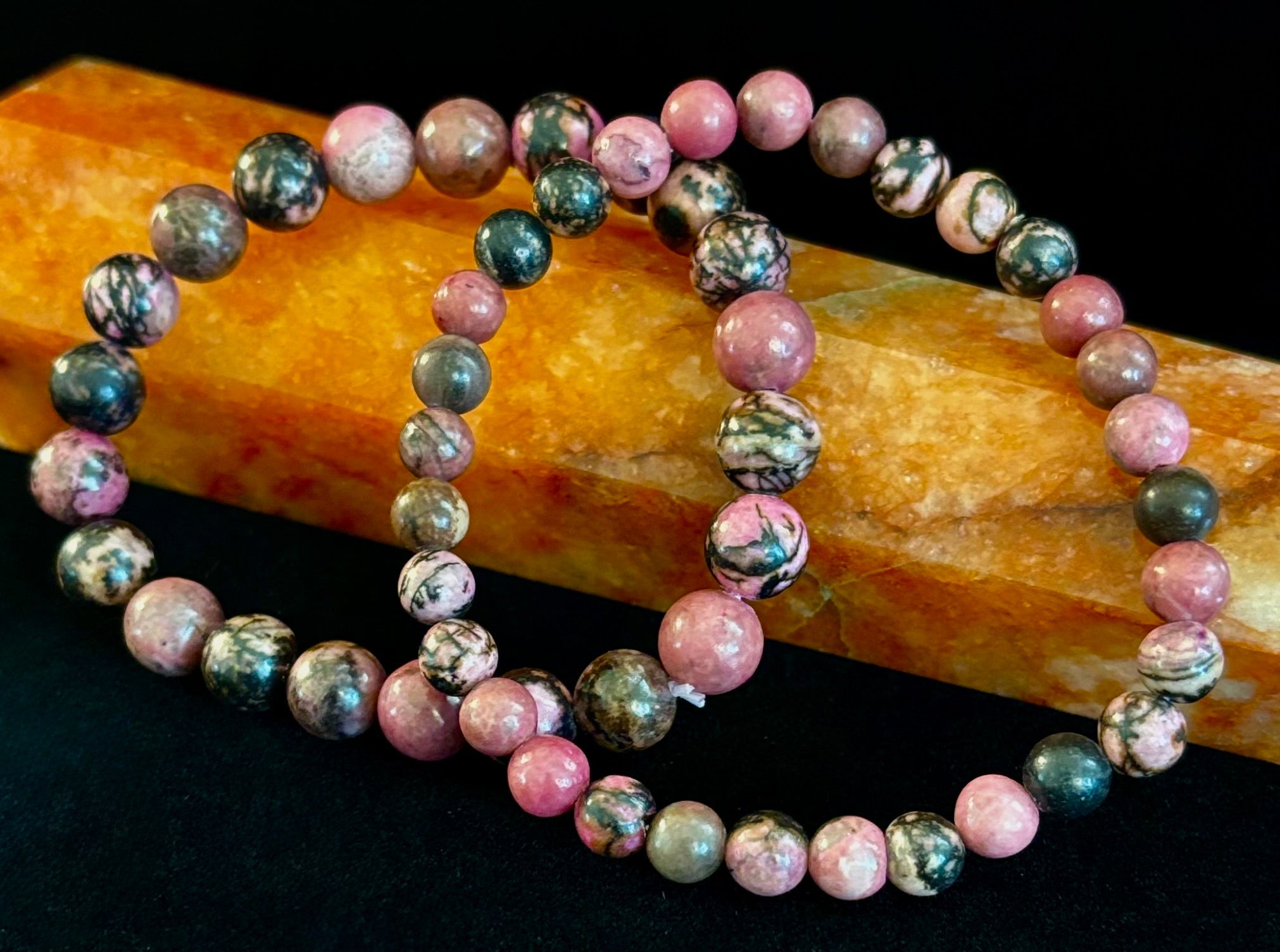 Natural Rhodonite Stone Bead Bracelet – Emotional Healing & Love Energy | 6mm & 8mm Beads