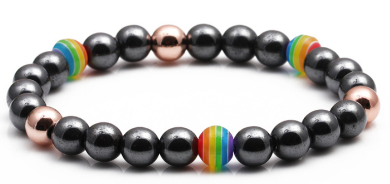 LGBTQ+ Pride Hematite Beaded Bracelet – For Every Identity | 8mm Rainbow Stripe Beads | Gold or Rose Gold Accent Bracelet